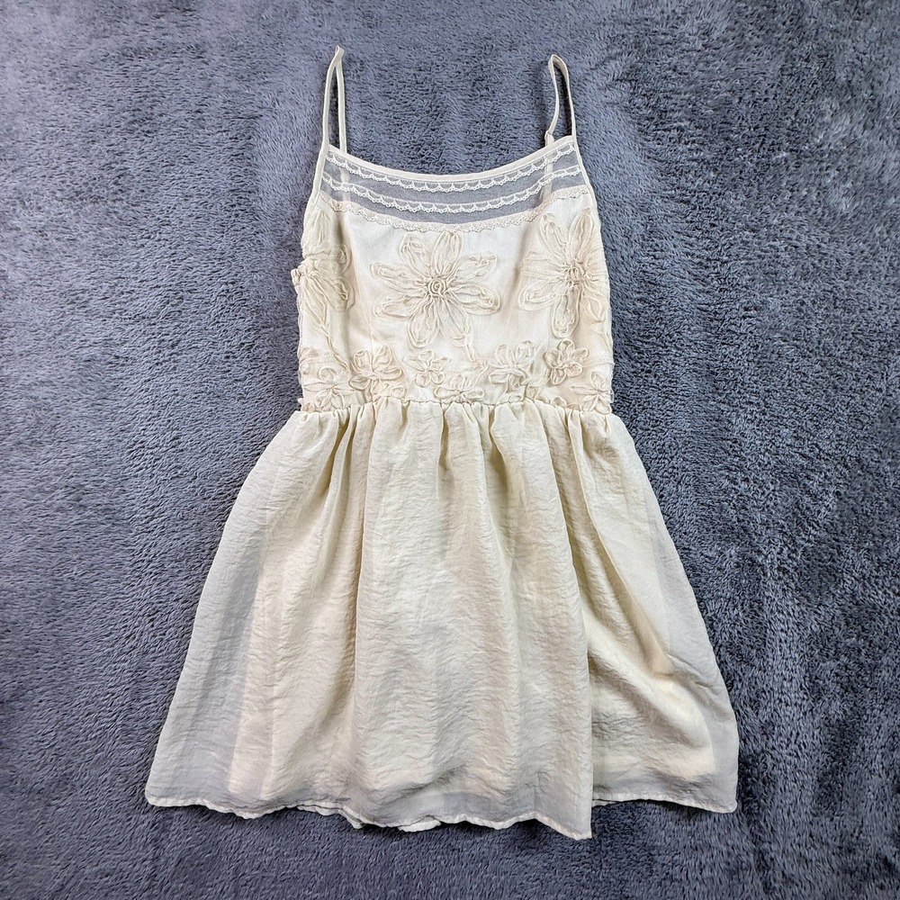 Wet Seal Womens XS Cream Smocked Floral Applique Lace Mini Dress Coquette Boho